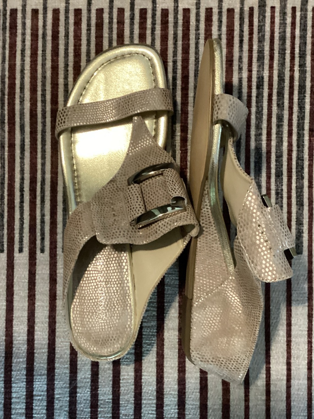 Donald J. Pliner Metallic Taupe Slide Sandals with Buckle